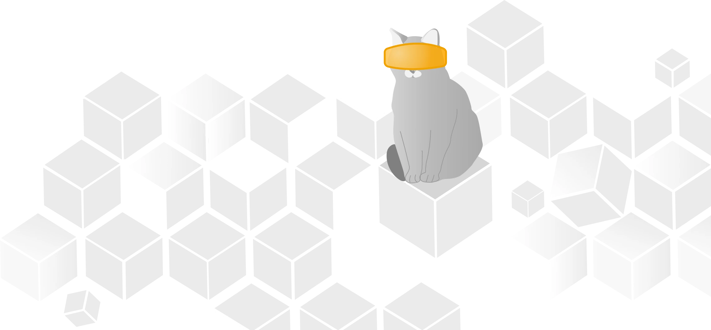 forklog.consulting mascot illustration — a cat wearing a gold blindfold, sitting among isometric cubes