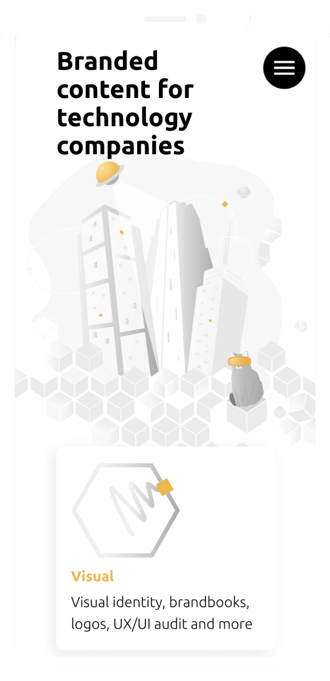 Mobile hero screen with the cat illustration