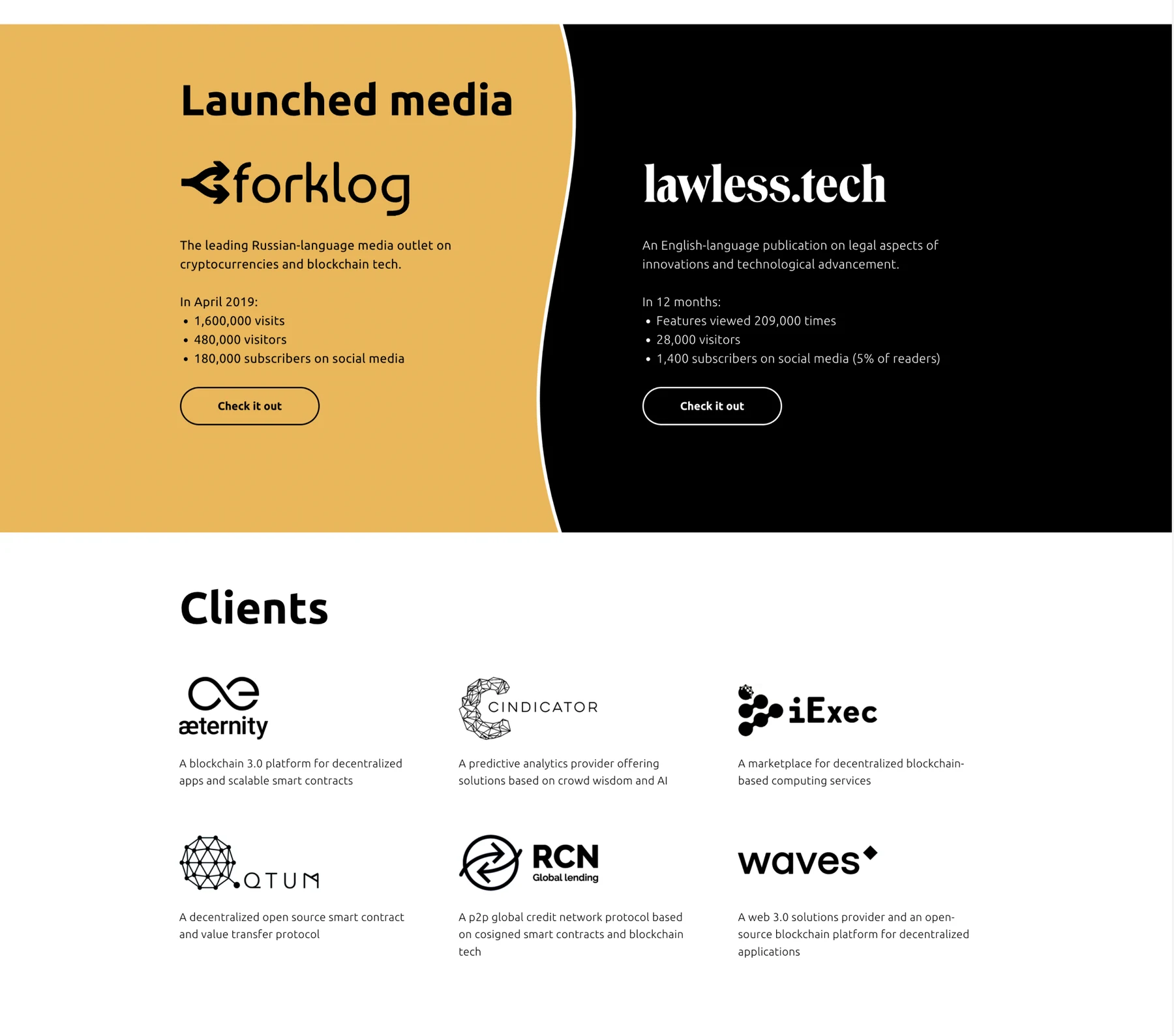 Launched media and Clients sections