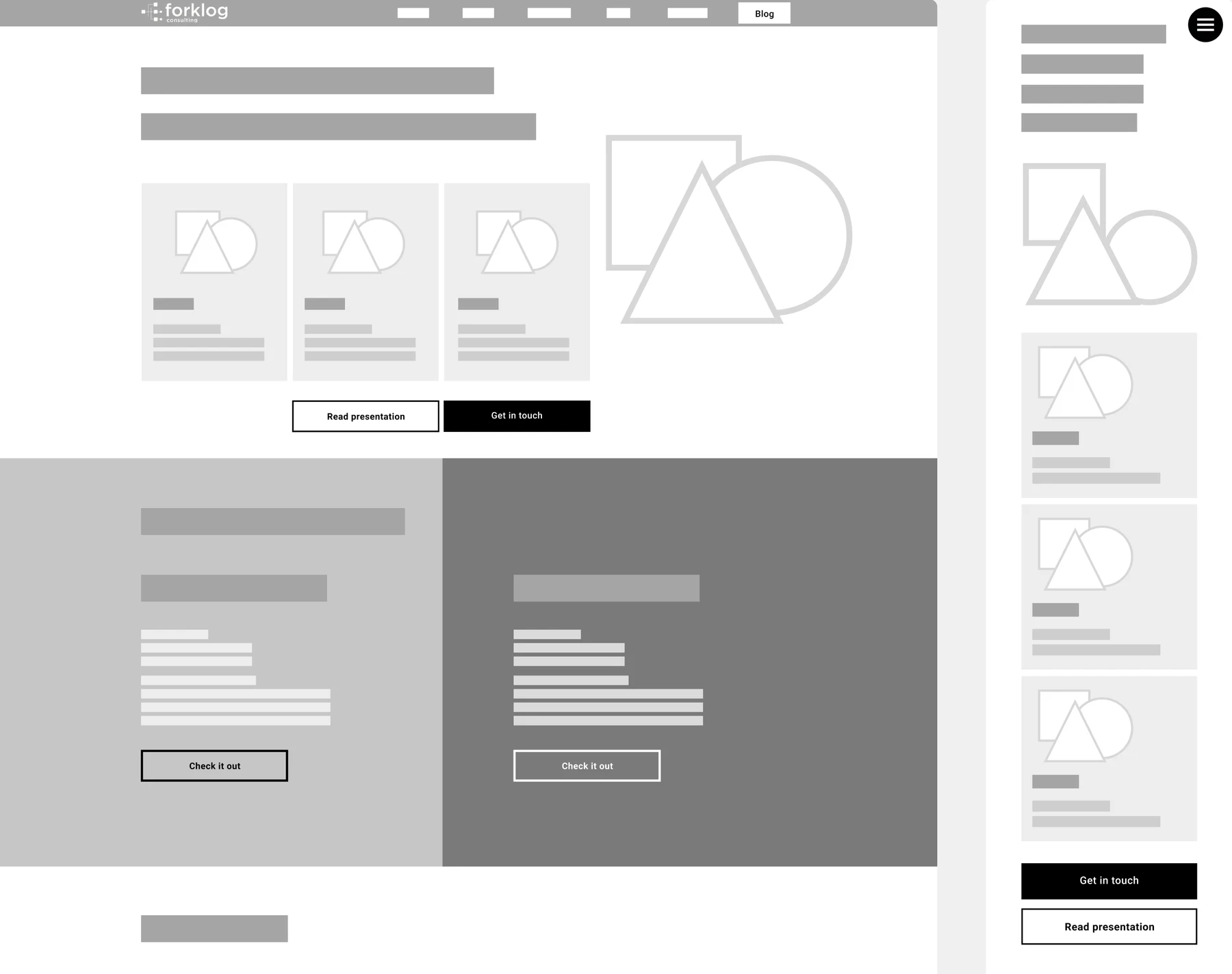 Wireframes for the forklog.consulting desktop and mobile layout