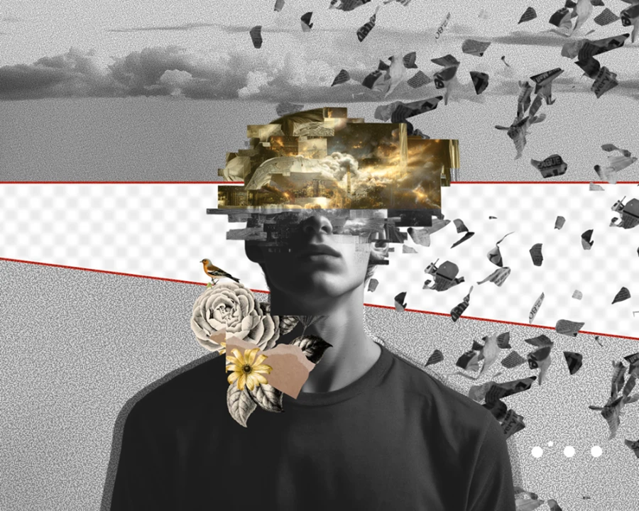 Collage illustration: a glitching portrait head