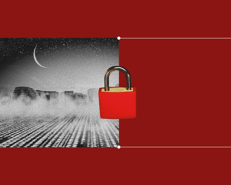 Collage illustration: a padlock and security theme