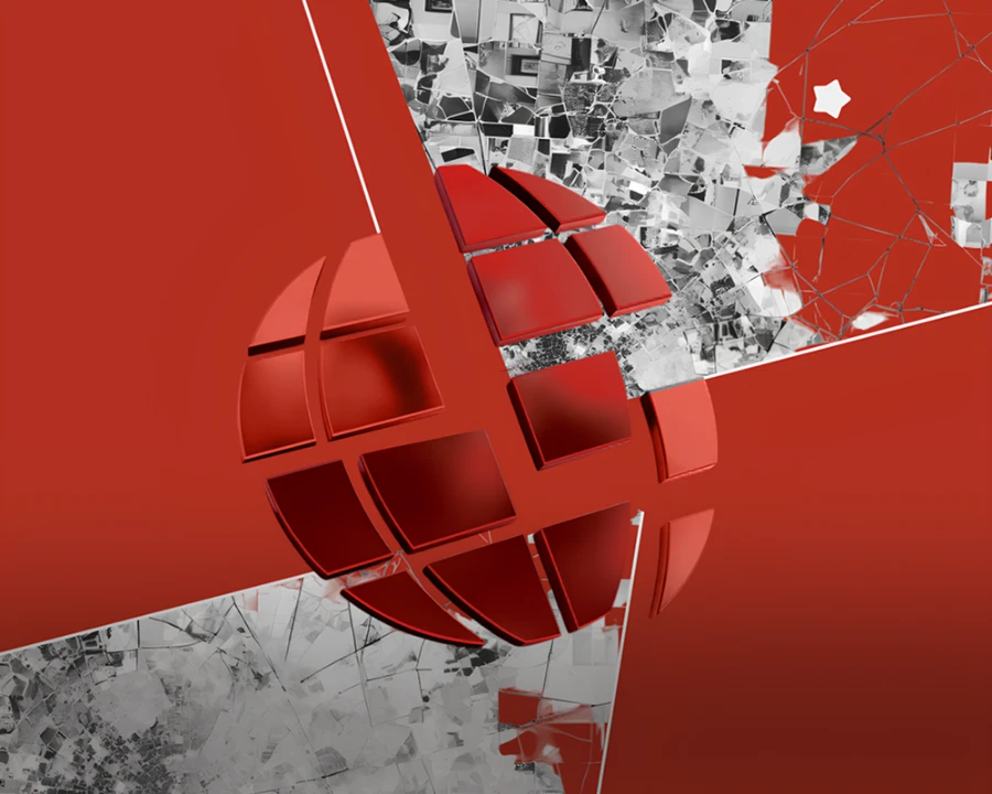 Collage illustration: a red sphere composition