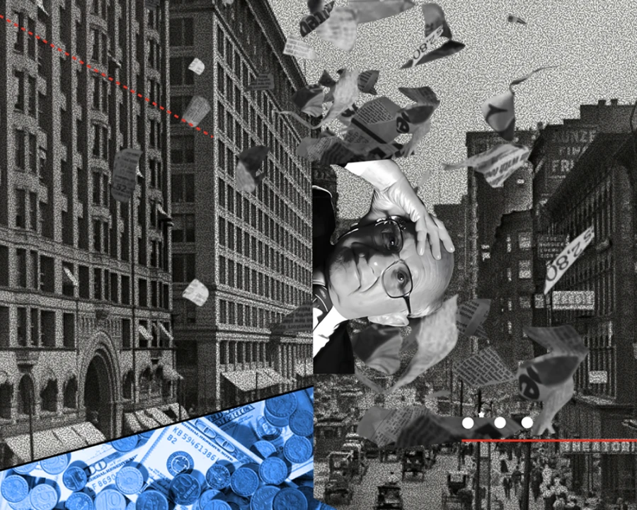 Collage illustration: a businessman figure