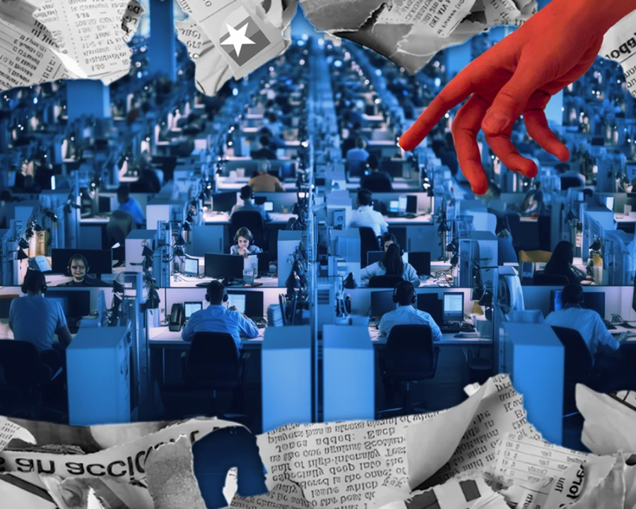 Collage illustration: a call center scene