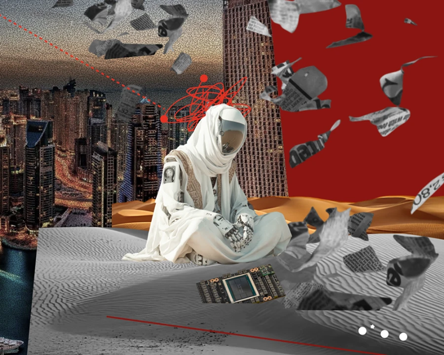 Collage illustration: a robot in the desert